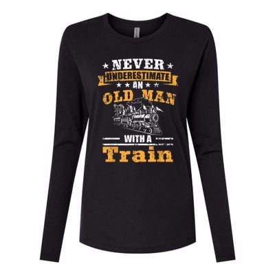 Mens Never Underestimate An Old Man Railroad Collector Train Womens Cotton Relaxed Long Sleeve T-Shirt