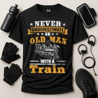 Mens Never Underestimate An Old Man Railroad Collector Train Cooling Performance Crew T-Shirt