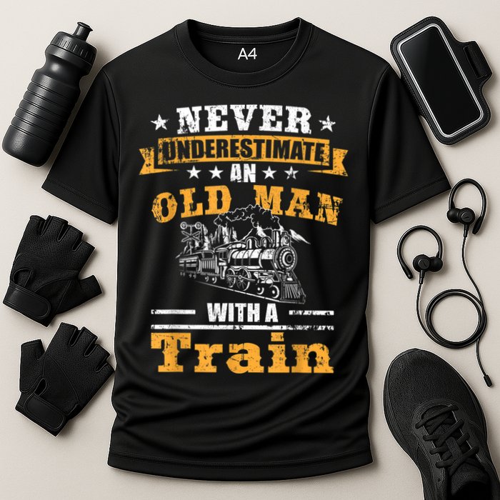 Mens Never Underestimate An Old Man Railroad Collector Train Cooling Performance Crew T-Shirt