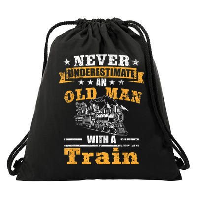 Mens Never Underestimate An Old Man Railroad Collector Train Drawstring Bag