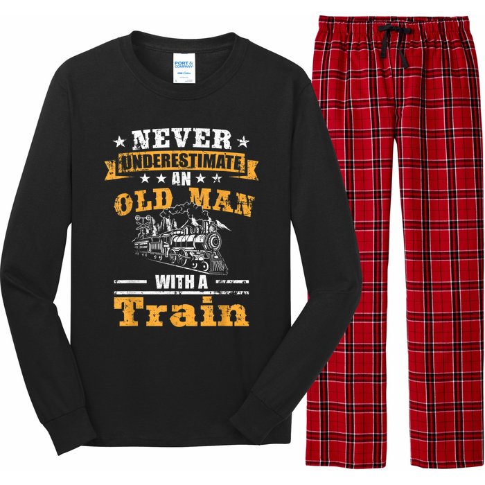 Mens Never Underestimate An Old Man Railroad Collector Train Long Sleeve Pajama Set