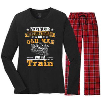 Mens Never Underestimate An Old Man Railroad Collector Train Women's Long Sleeve Flannel Pajama Set 