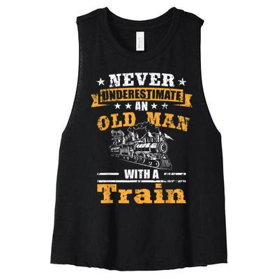 Mens Never Underestimate An Old Man Railroad Collector Train Women's Racerback Cropped Tank