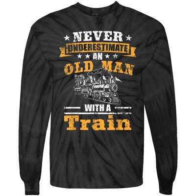 Mens Never Underestimate An Old Man Railroad Collector Train Tie-Dye Long Sleeve Shirt