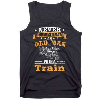 Mens Never Underestimate An Old Man Railroad Collector Train Tank Top