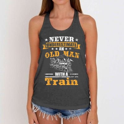 Mens Never Underestimate An Old Man Railroad Collector Train Women's Knotted Racerback Tank