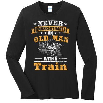 Mens Never Underestimate An Old Man Railroad Collector Train Ladies Long Sleeve Shirt