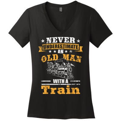 Mens Never Underestimate An Old Man Railroad Collector Train Women's V-Neck T-Shirt