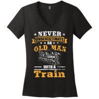 Mens Never Underestimate An Old Man Railroad Collector Train Women's V-Neck T-Shirt