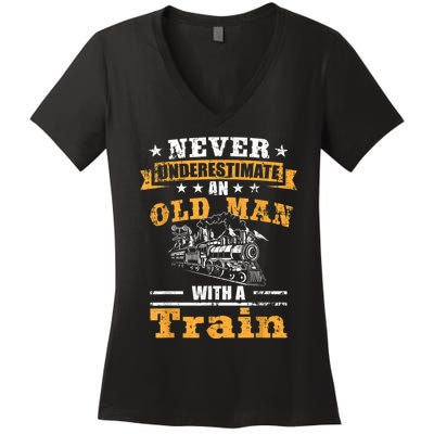 Mens Never Underestimate An Old Man Railroad Collector Train Women's V-Neck T-Shirt