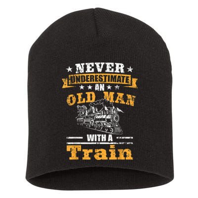 Mens Never Underestimate An Old Man Railroad Collector Train Short Acrylic Beanie