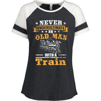 Mens Never Underestimate An Old Man Railroad Collector Train Enza Ladies Jersey Colorblock Tee