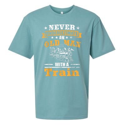 Mens Never Underestimate An Old Man Railroad Collector Train Sueded Cloud Jersey T-Shirt