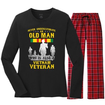 Mens Never Underestimate An OLD MAN Vietnam Veteran Gift Women's Long Sleeve Flannel Pajama Set 