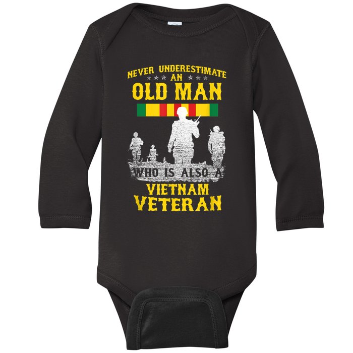 Mens Never Underestimate An OLD MAN Vietnam Veteran Gift Baby Long Sleeve Bodysuit