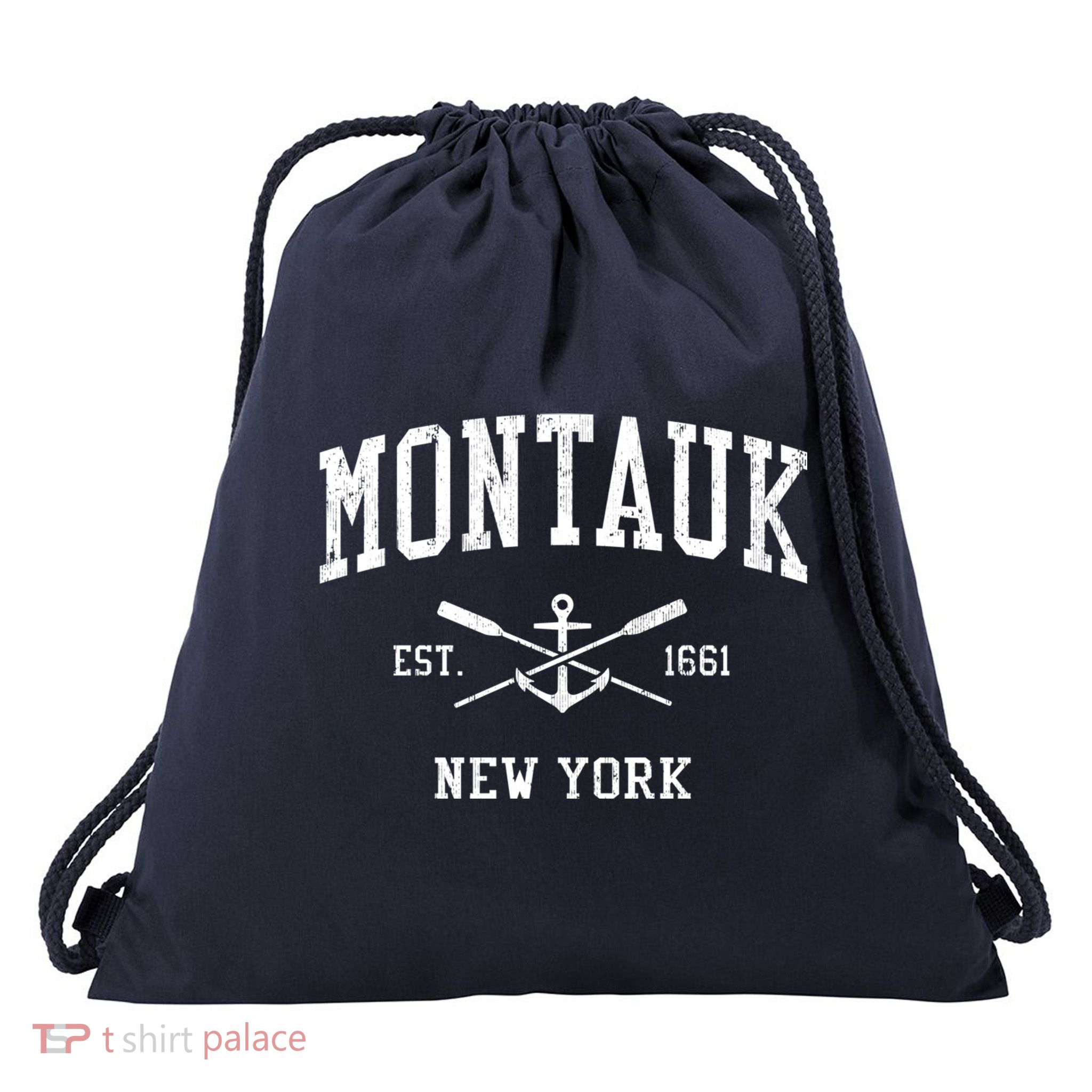 Montauk NY Vintage Crossed Oars & Boat Anchor Sports Drawstring Bag