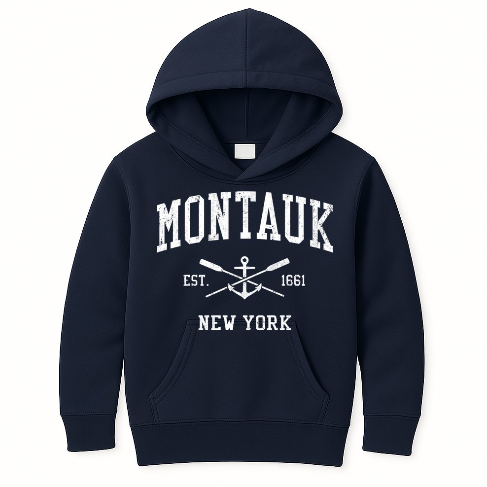 Montauk NY Vintage Crossed Oars & Boat Anchor Sports Kids Hoodie