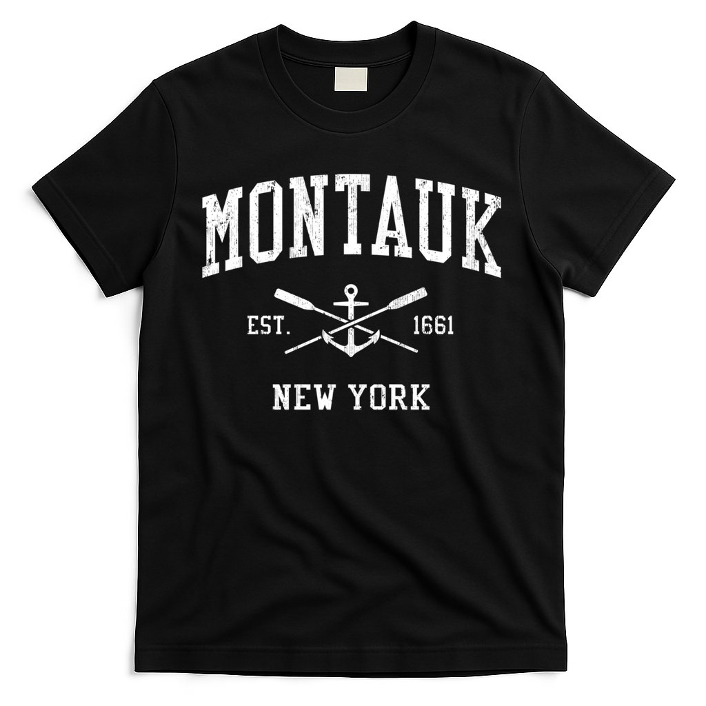 Montauk Ny Vintage Crossed Oars And Boat Anchor Sports Great Gift T-Shirt