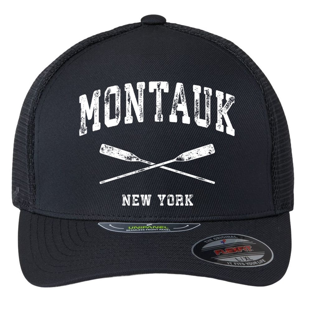 Montauk New York Vintage Nautical Crossed Oars Cute Gift Flexfit Unipanel Trucker Cap