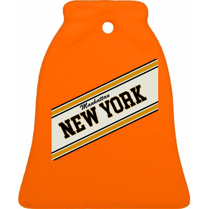 Manhattan New York Varsity Logo Ceramic Bell Ornament