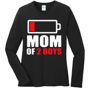 Mom of 2Boys Funny Parent Battery Low Ladies Long Sleeve Shirt