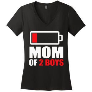 Mom of 2Boys Funny Parent Battery Low Women's V-Neck T-Shirt