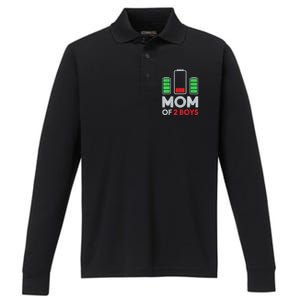 Mom Of 2 Boyys Low Battery Son Mothers Day Birthday Women Performance Long Sleeve Polo