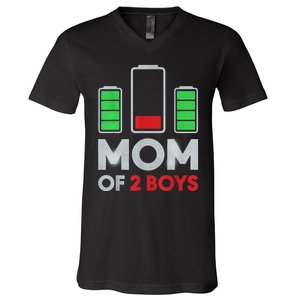 Mom Of 2 Boyys Low Battery Son Mothers Day Birthday Women V-Neck T-Shirt