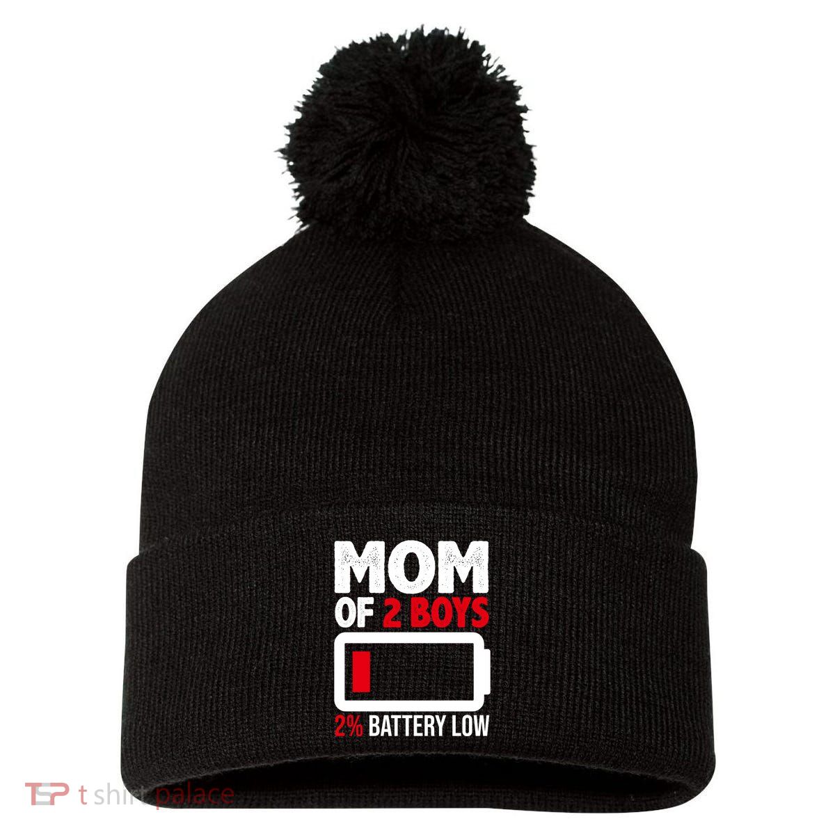 Mom Of 2 Boys 2 Percent Battery Low Funny Pom Pom 12in Knit Beanie