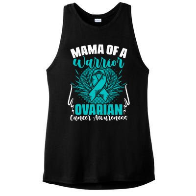 Mama Of A Warrior Teal Ribbon Ovary Support Ovarian Cancer Ladies PosiCharge Tri-Blend Wicking Tank