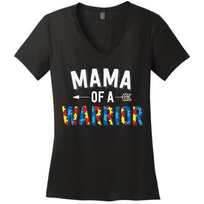 Mama Of A Warrior Family Mom World Autism Awareness Day Women's V-Neck T-Shirt