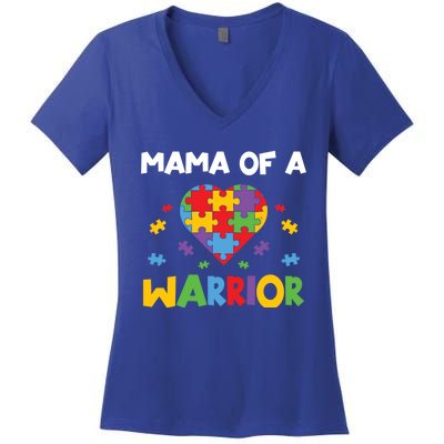 Mama Of A Warrior Family Mom World Autism Awareness Day Gift Women's V-Neck T-Shirt