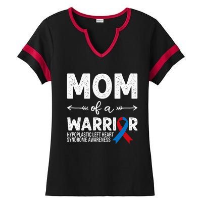 Mom Of A Warrior Red & Blue Ribbon HLHS Awareness Ladies Halftime Notch Neck Tee