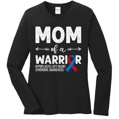 Mom Of A Warrior Red & Blue Ribbon HLHS Awareness Ladies Long Sleeve Shirt