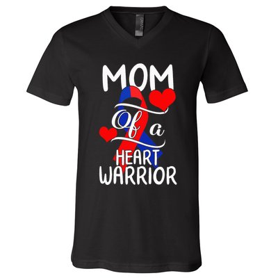 Mom Of A Heart Warrior CHD Disease Awareness Red Ribbon Gift V-Neck T-Shirt