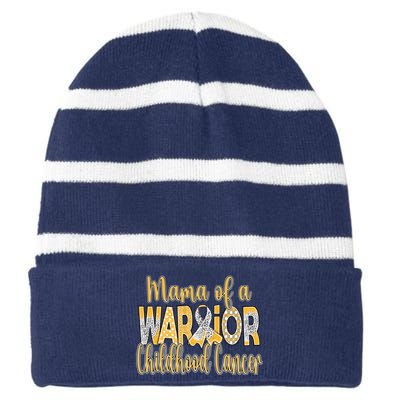 Mama Of A Warior Childhood Cancer Striped Beanie with Solid Band