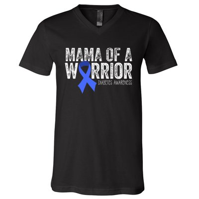 Mama Of A Warrior T1d Mom Diabetic Blue Ribbon Support Gift V-Neck T-Shirt