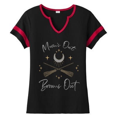 Moons Out Brooms Out Funny Pagan Witch Moon Cycle Gift Ladies Halftime Notch Neck Tee