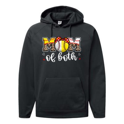 Mom Of Both Leopard Game Day Baseball Softball MotherS Day Performance Fleece Hoodie