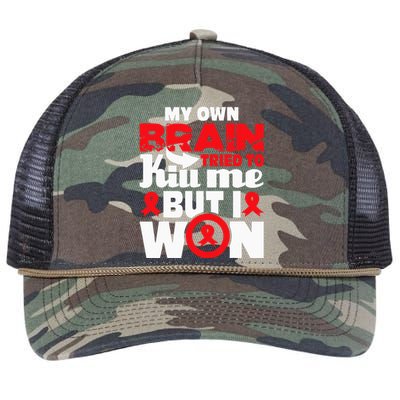 My Own Brain Tried To Kill Me Stroke Survivor Red Ribbon Retro Rope Trucker Hat Cap