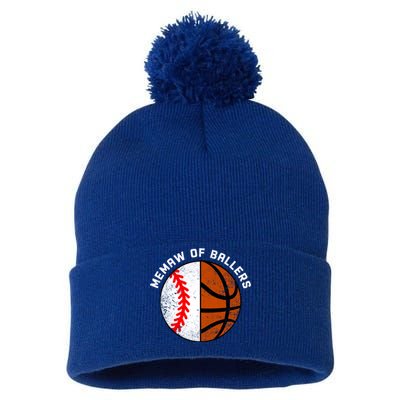 Memaw Of Ballers Funny Baseball Basketball Grandma Memaw Gift Pom Pom 12in Knit Beanie