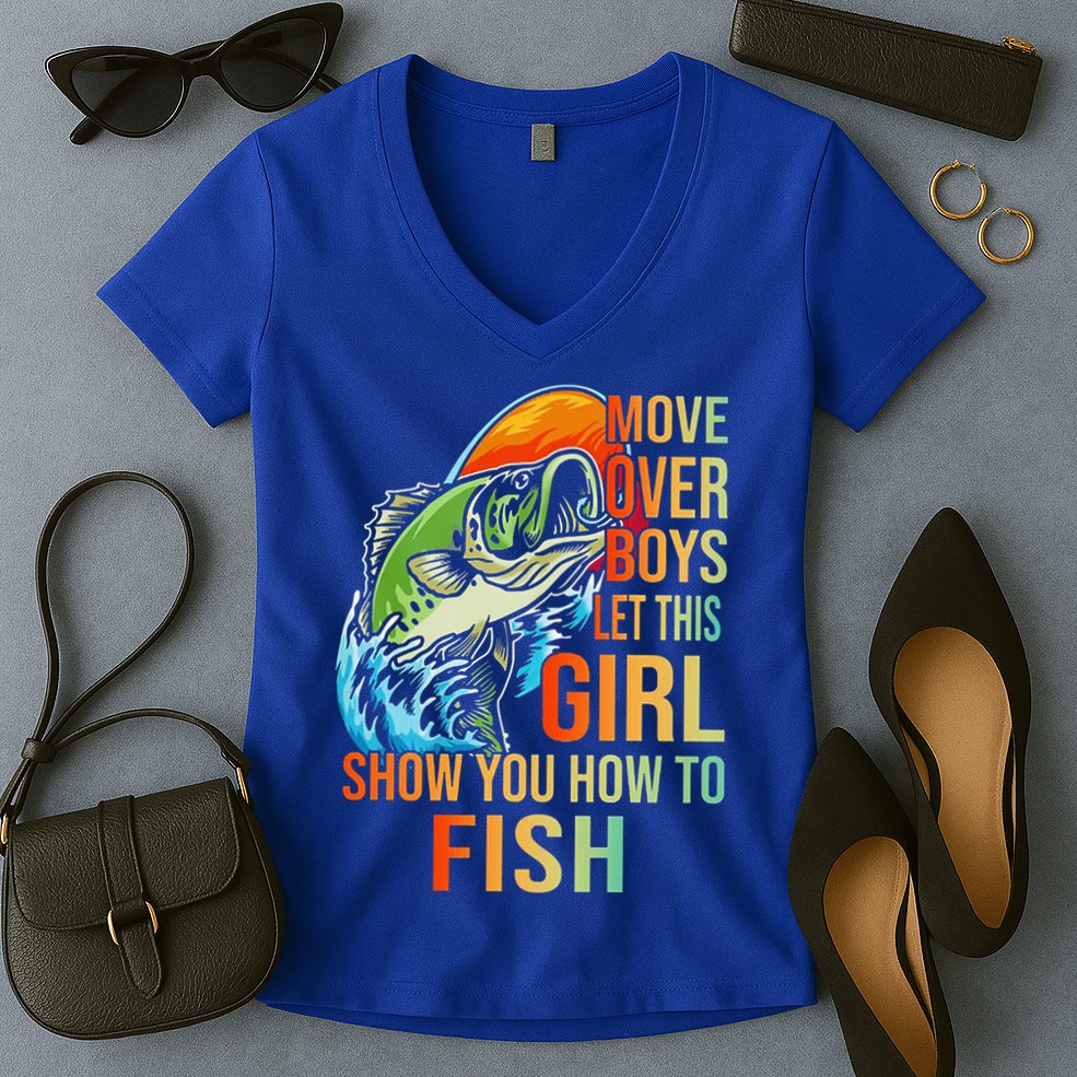 Move Over Boys Let This Girl Show You How To Fish Fishing Cute Gift Women's V-Neck T-Shirt