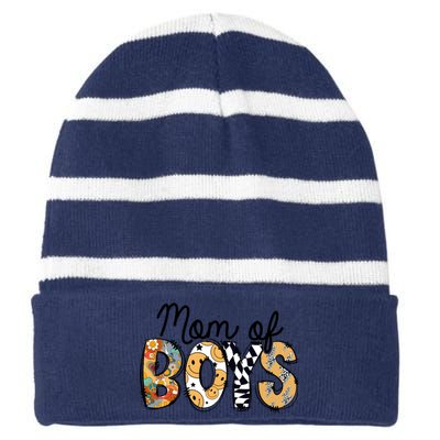 Mom Of Boy Leopard Mom Striped Beanie with Solid Band