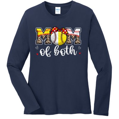 Mom Of Both Leopard Game Day Baseball Softball MotherS Day Ladies Long Sleeve Shirt