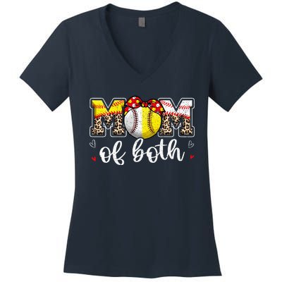 Mom Of Both Leopard Game Day Baseball Softball MotherS Day Women's V-Neck T-Shirt