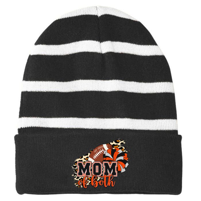 Mom Of Both Football Cheer Orange Black Pom Striped Beanie with Solid Band