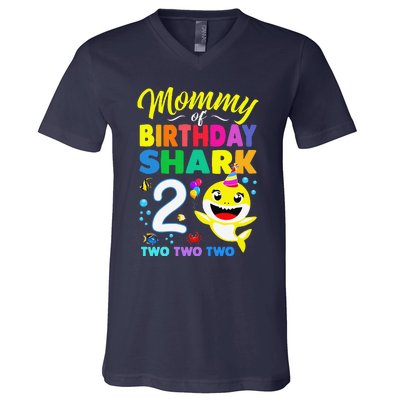 Mommy Of Birthday Shark 2nd Matching Oufit Party For Family V-Neck T-Shirt