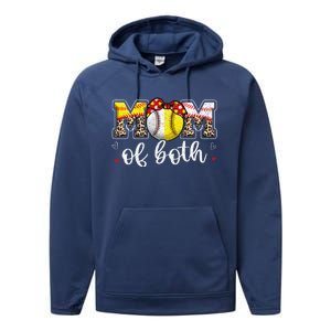 Mom Of Both Leopard Game Day Baseball Softball MotherS Day Performance Fleece Hoodie