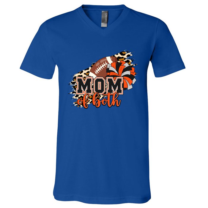 Mom Of Both Football Cheer Orange Black Pom Leopard Great Gift V-Neck T-Shirt