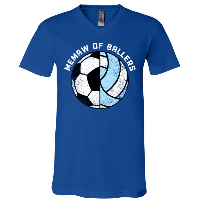 Memaw Of Ballers Funny Soccer Volleyball Grandma Memaw Gift V-Neck T-Shirt